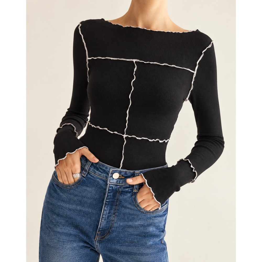 COMMENSE Lettuce Trim Contrast Seam Ribbed Top Black - Size M / NWT